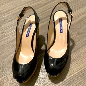 Stuart Weitzman Black Patent Leather Jean Slingback Cork Wedge US. 7